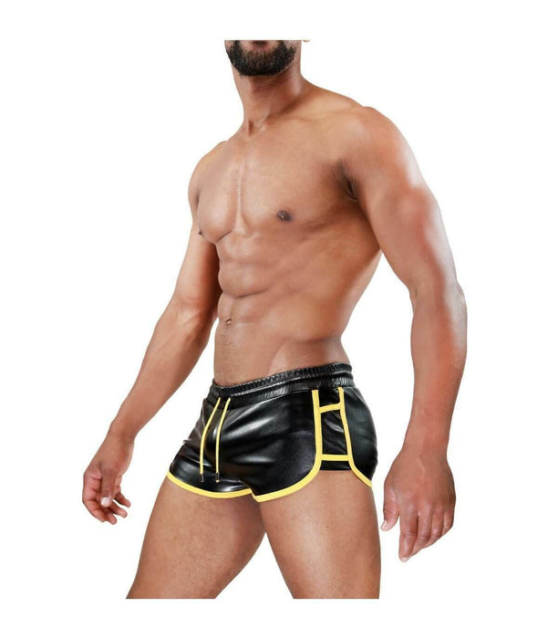 Leather - Look Short TOF PARIS Cruise Delux Shorts Black & Yellow 23 - SexyMenUnderwear.com