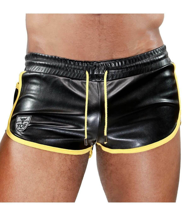 Leather - Look Short TOF PARIS Cruise Delux Shorts Black & Yellow 23 - SexyMenUnderwear.com