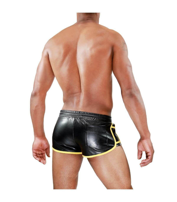 Leather - Look Short TOF PARIS Cruise Delux Shorts Black & Yellow 23 - SexyMenUnderwear.com