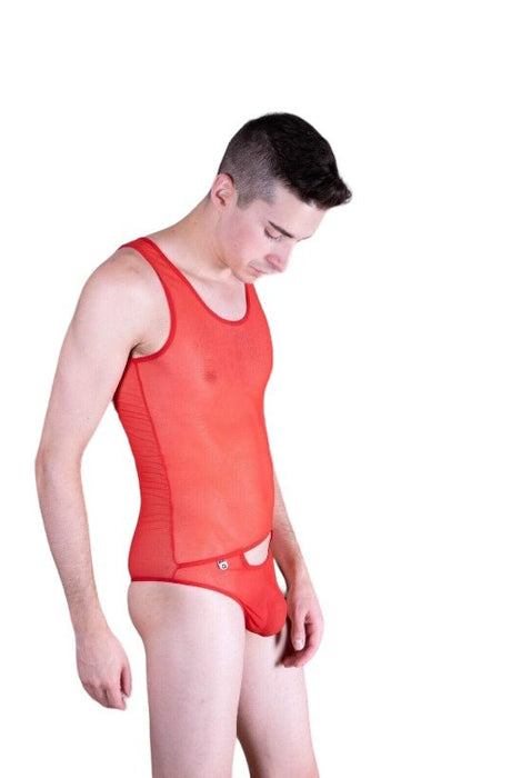 Malebasics MOB Singlet Eroticwear Sexy Mesh Thong Bodysuit Red MBL09 1 - SexyMenUnderwear.com