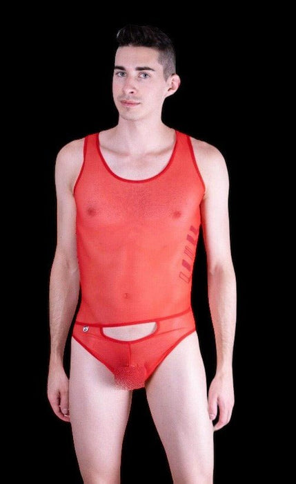 Malebasics MOB Singlet Eroticwear Sexy Mesh Thong Bodysuit Red MBL09 1 - SexyMenUnderwear.com