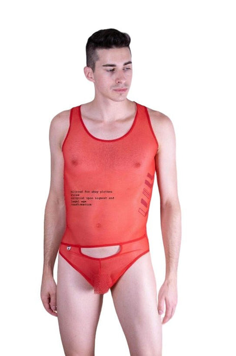 Malebasics MOB Singlet Eroticwear Sexy Mesh Thong Bodysuit Red MBL09 19