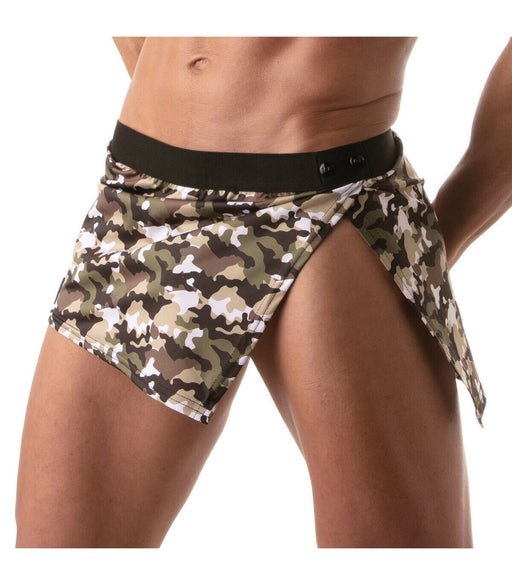 Men Skirts TOF PARIS Kilt Low - Waist Bathing Skirt Two Snaps Belt Camo Khaki 23 - SexyMenUnderwear.com