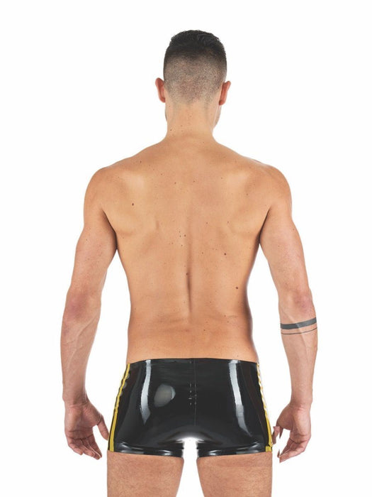 Mister B Latex Boxer Rubber Trunks 0,4mm Thick Black & Yellow 1 - SexyMenUnderwear.com