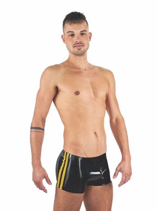 Mister B Latex Boxer Rubber Trunks 0,4mm Thick Black & Yellow 1 - SexyMenUnderwear.com