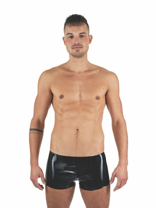 Mister B Latex Boxer Rubber Trunks 0,4mm Thick Black & Yellow 1 - SexyMenUnderwear.com