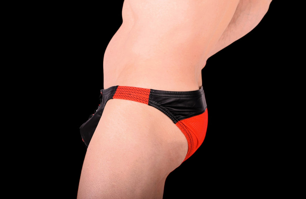 M/L SMU Eye Grabber Leather Briefs Black - Red P01003 H5 - SexyMenUnderwear.com