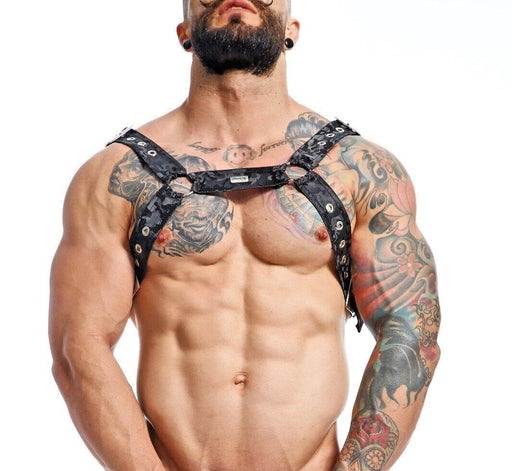 MOB DNGEON Classic Belt Harness O/S in Luxurious Faux Leather Black Camo DMBL13 51