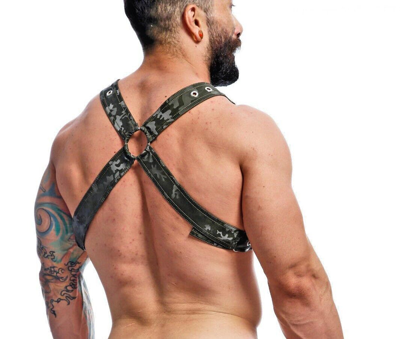 MOB DNGEON Classic Cross Harness Plush Faux - Leather O/S Pure Camo Green DMBL12 6 - SexyMenUnderwear.com