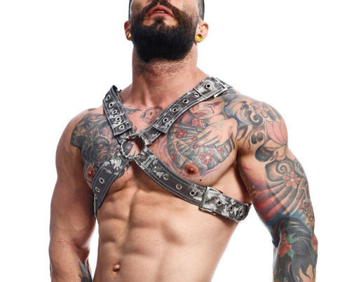 MOB DNGEON Classic Cross Harness Plush Faux - Leather O/S Titanium Camo DMBL12 6 - SexyMenUnderwear.com