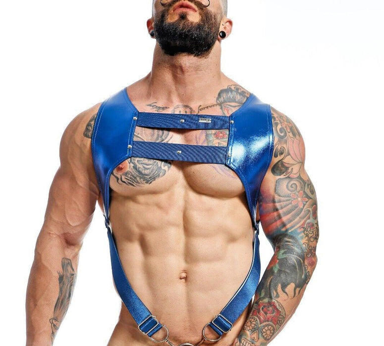 MOB DNGEON Crop Top Harness With C - Ring Faux Leather Blue Mirror DMBL08 - SexyMenUnderwear.com