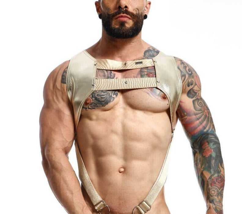 MOB DNGEON Crop Top Harness With C - Ring Faux Leather Golden Mirror DMBL08 - SexyMenUnderwear.com