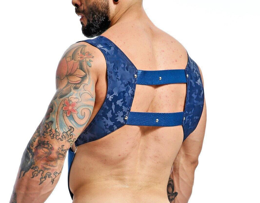 MOB DNGEON Crop Top Harness With C - Ring Faux Leather Navy - Camo DMBL08 - SexyMenUnderwear.com