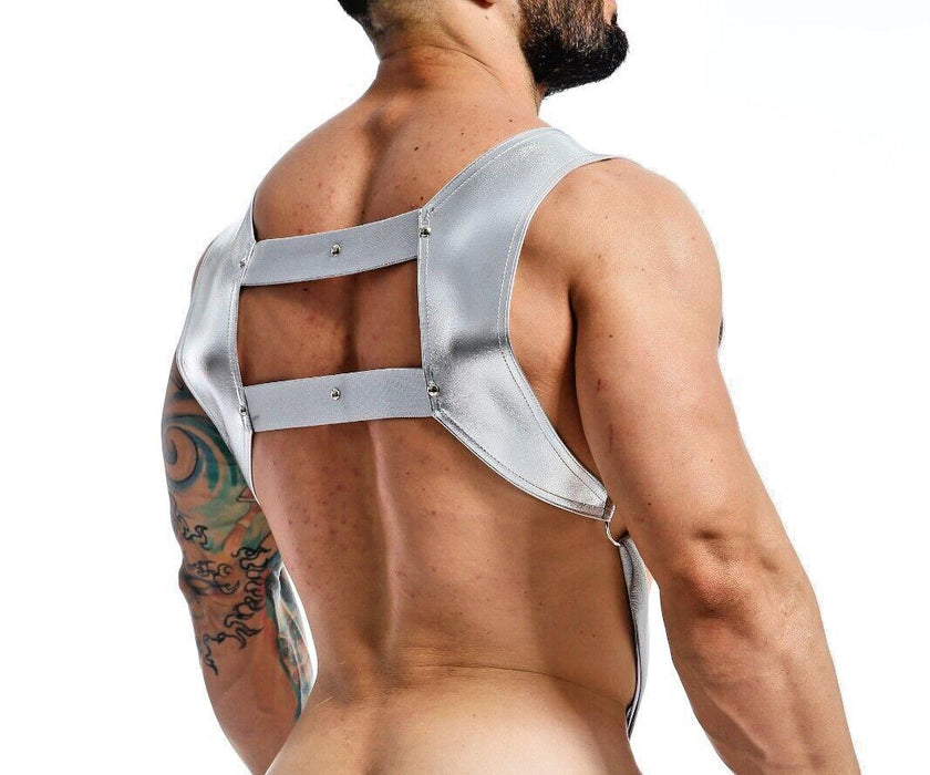 MOB DNGEON Crop Top Harness With C - Ring Faux Leather Silver Mirror DMBL08 - SexyMenUnderwear.com