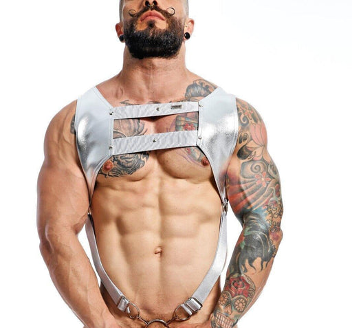 MOB DNGEON Crop Top Harness With C - Ring Faux Leather Silver Mirror DMBL08 - SexyMenUnderwear.com