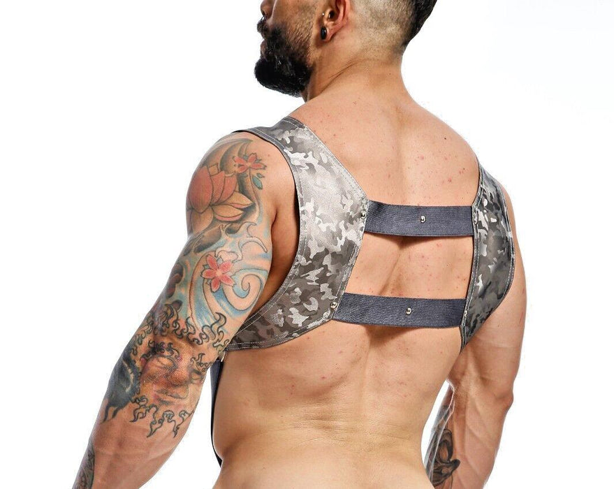 MOB DNGEON Crop Top Harness With C - Ring Faux Leather Titanium Camo DMBL08 - SexyMenUnderwear.com