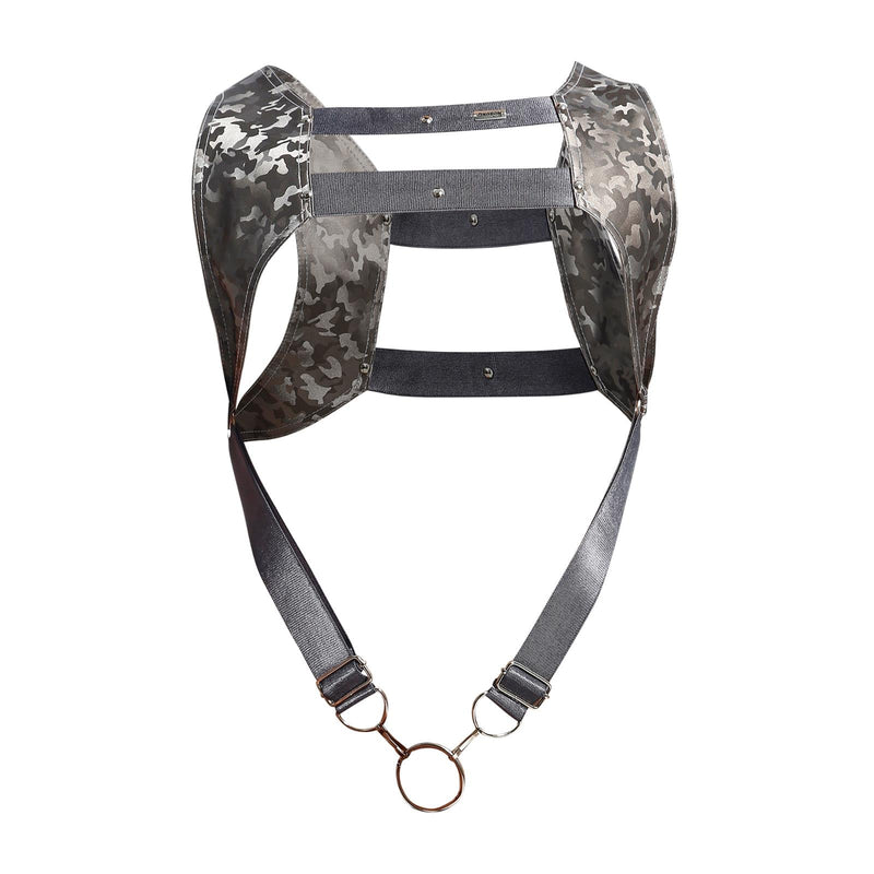 MOB DNGEON Crop Top Harness With C - Ring Faux Leather Titanium Camo DMBL084