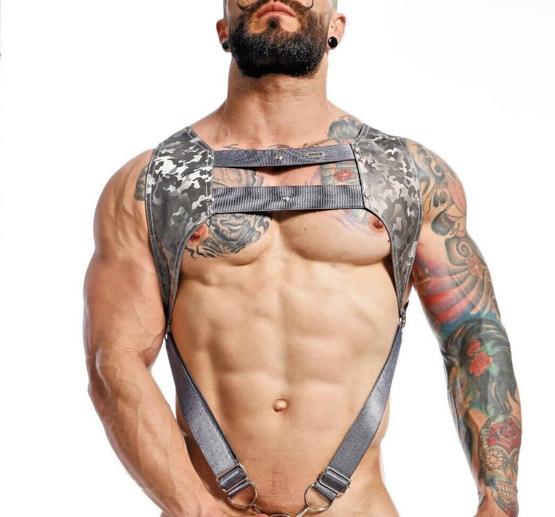 MOB DNGEON Crop Top Harness With C - Ring Faux Leather Titanium Camo DMBL081