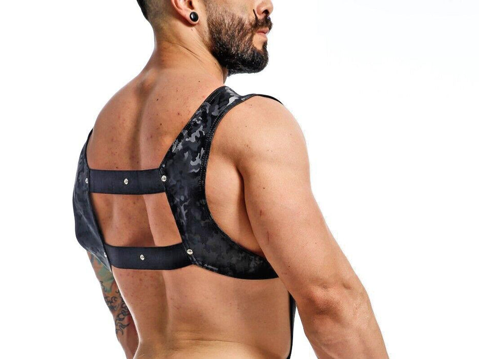 MOB DNGEON Crop Top Harness With C - Ring Leather - Look DMBL08 Black Camo O/S - SexyMenUnderwear.com