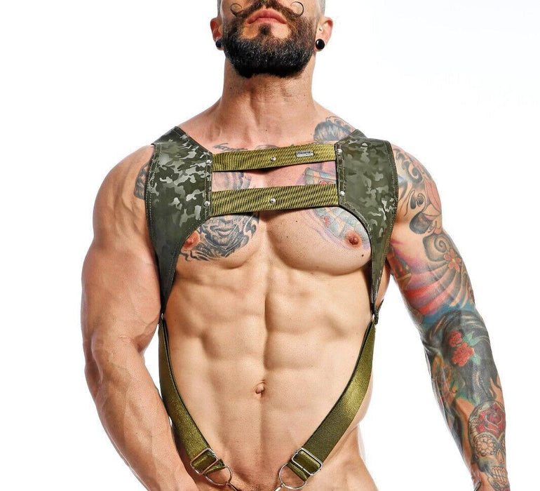 MOB DNGEON Crop Top Harness With C - Ring Leather Look Pure - Camo DMBL08 - SexyMenUnderwear.com