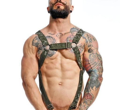 MOB DNGEON Cross C - Ring Harness One Size Adjustable Straps DMBL07 Camo - SexyMenUnderwear.com