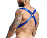 MOB DNGEON Crossback Elastic Harness Back O - Ring With C - Ring Blue Mirror DMBL05 - SexyMenUnderwear.com