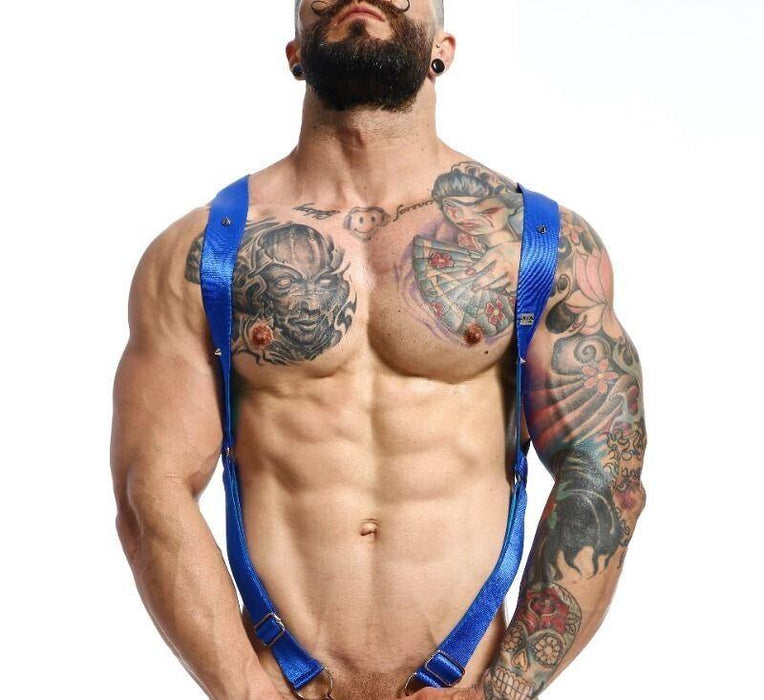 MOB DNGEON Crossback Elastic Harness Back O - Ring With C - Ring Blue Mirror DMBL05 - SexyMenUnderwear.com