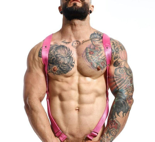 MOB DNGEON Crossback Elastic Harness Back O - Ring With C - Ring Pink Mirror DMBL05 - SexyMenUnderwear.com