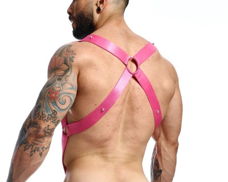 MOB DNGEON Crossback Elastic Harness Back O - Ring With C - Ring Pink Mirror DMBL05 - SexyMenUnderwear.com