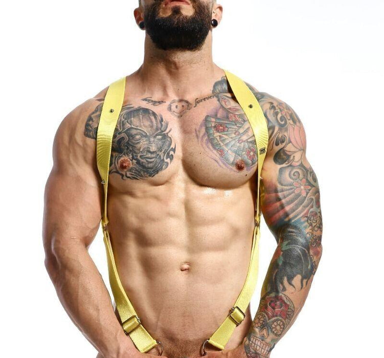 MOB DNGEON Crossback Elastic Harness Back O - Ring With C - Ring Yellow DMBL05 - SexyMenUnderwear.com