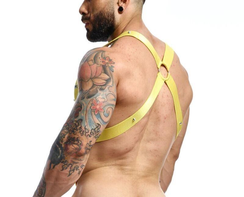 MOB DNGEON Crossback Elastic Harness Back O - Ring With C - Ring Yellow DMBL05 - SexyMenUnderwear.com