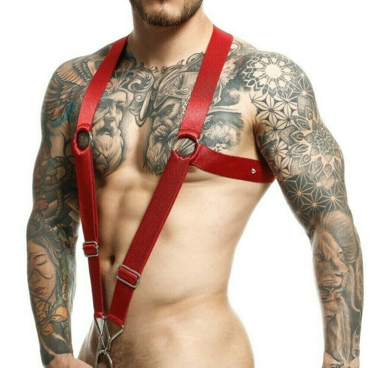 MOB DNGEON Crossback Elastic Harness O - Ring Cherry Red Open Front DMBL05 - SexyMenUnderwear.com
