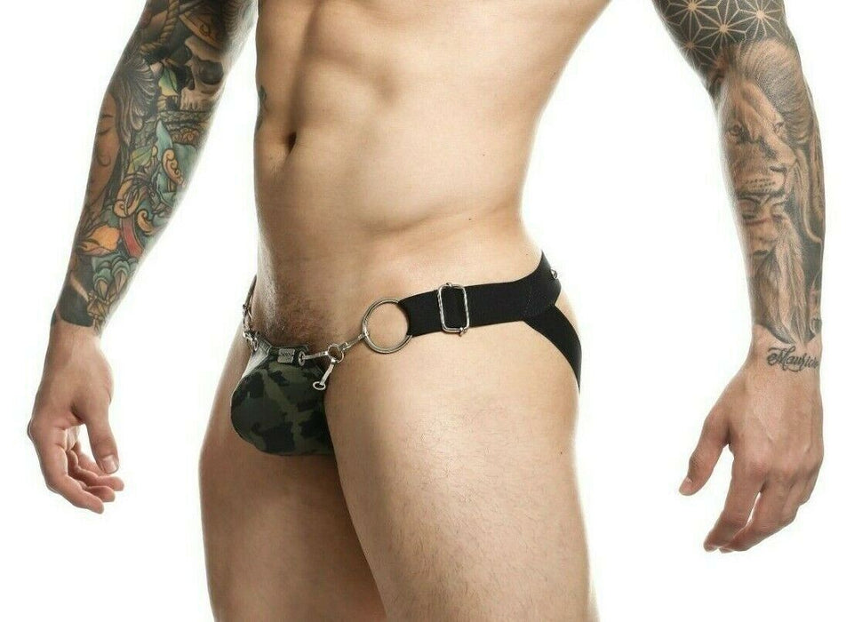 MOB DNGEON Eroticwear Snap Jock Metal Ring Open Back Jockstrap Army O/S DMBL03 - SexyMenUnderwear.com