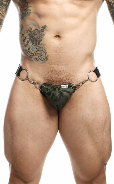 MOB DNGEON Eroticwear Snap Jock Metal Ring Open Back Jockstrap Army O/S DMBL03 - SexyMenUnderwear.com