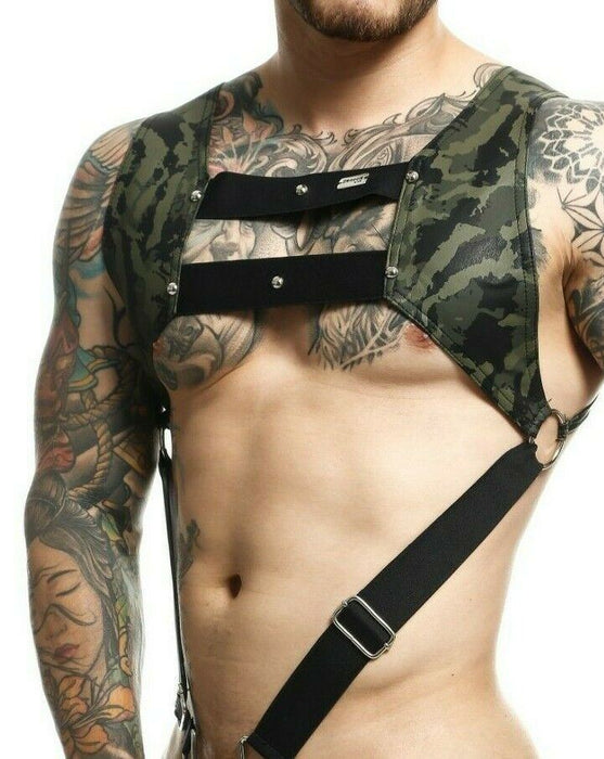 MOB DNGEON Harness Camouflage Army Harness With C - Ring & Panels Green DMBL08 - SexyMenUnderwear.com