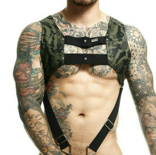 MOB DNGEON Harness Camouflage Army Harness With C - Ring & Panels Green DMBL08 - SexyMenUnderwear.com