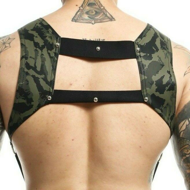 MOB DNGEON Harness Camouflage Army Harness With C - Ring & Panels Green DMBL08 - SexyMenUnderwear.com