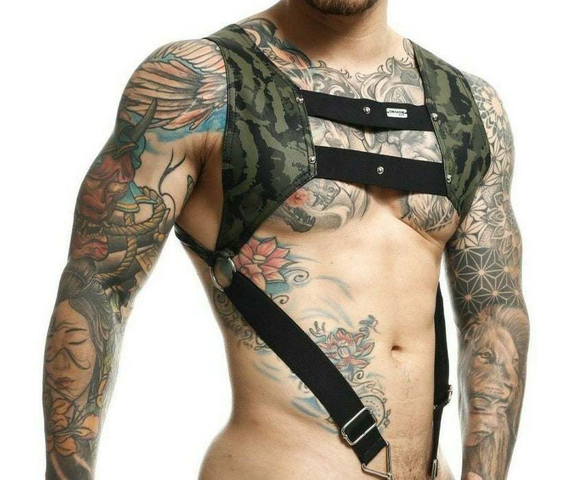 MOB DNGEON Harness Camouflage Army Harness With C - Ring & Panels Green DMBL08 - SexyMenUnderwear.com