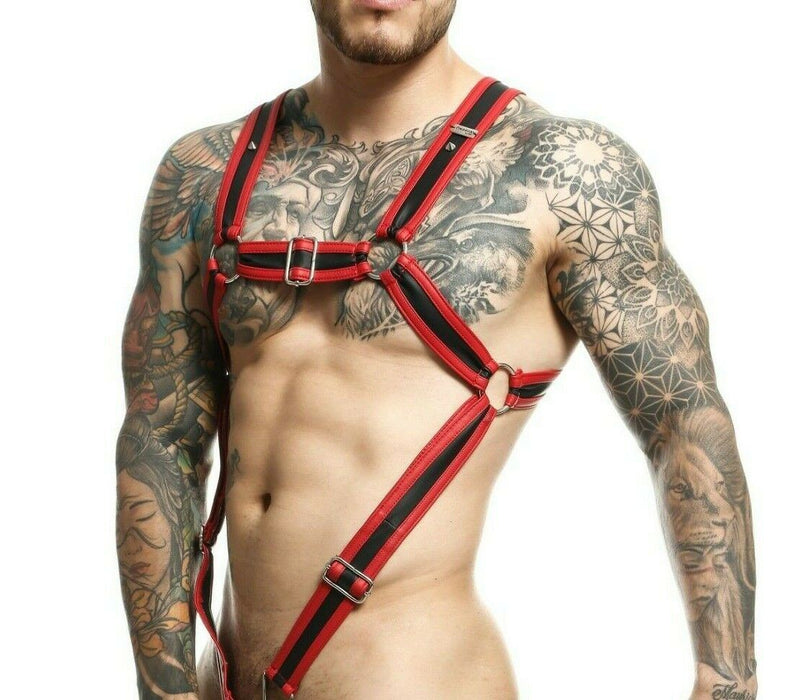 MOB DNGEON Harness Cross C - Ring Wide Strap Harness Fetish Red DMBL07 - SexyMenUnderwear.com