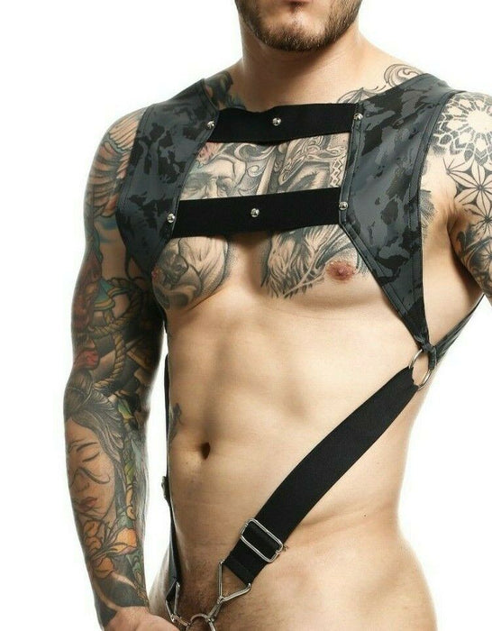 MOB DNGEON Harness Leather - Look CropTop With C - Ring Harness Midnight DMBL08 - SexyMenUnderwear.com