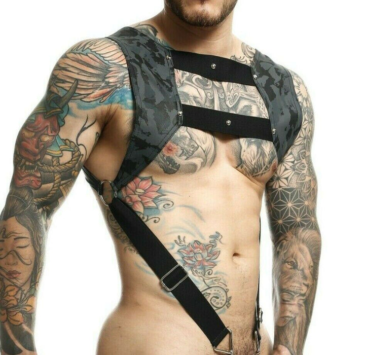 MOB DNGEON Harness Leather - Look CropTop With C - Ring Harness Midnight DMBL08 - SexyMenUnderwear.com