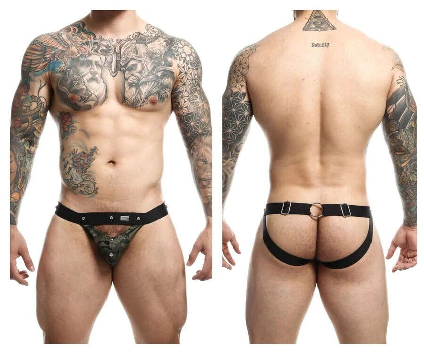 MOB DNGEON Jock Peek - a - Boo Steel Faux - Leather Jockstrap Green Army O/S DMBL04 4 - SexyMenUnderwear.com