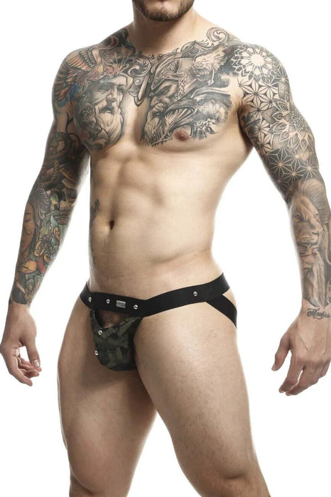 MOB DNGEON Jock Peek - a - Boo Steel Faux - Leather Jockstrap Green Army O/S DMBL04 4 - SexyMenUnderwear.com