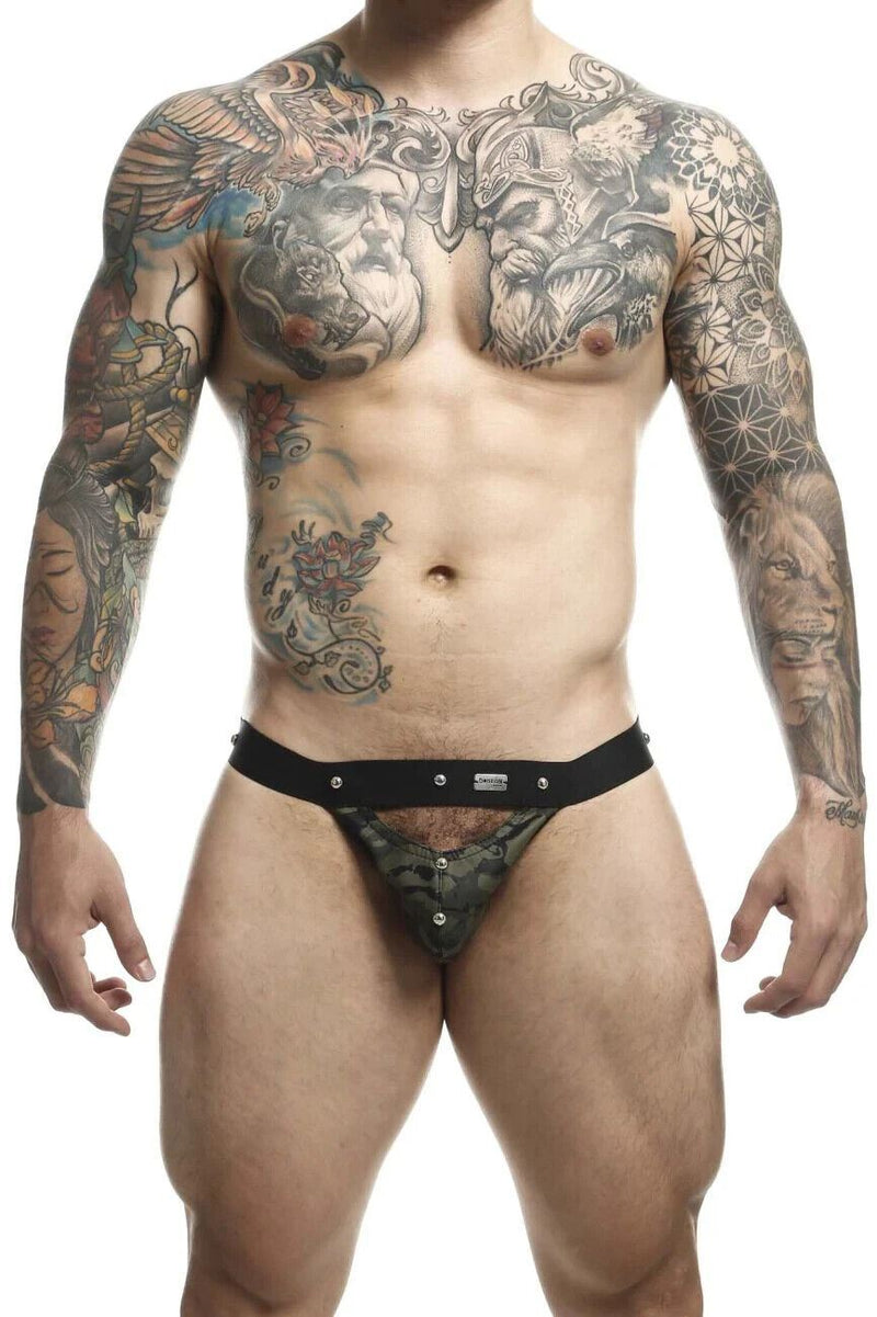 MOB DNGEON Jock Peek - a - Boo Steel Faux - Leather Jockstrap Green Army O/S DMBL04 4 - SexyMenUnderwear.com