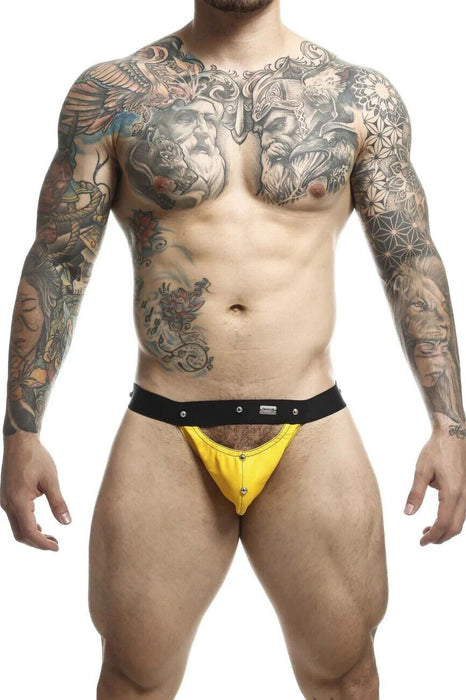 MOB DNGEON Jock Peek - a - Boo Steel Faux - Leather Jockstrap Yellow O/S DMBL04 4 - SexyMenUnderwear.com