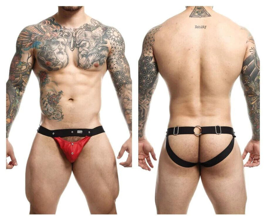 MOB DNGEON Jockstrap PeekaBoo Steel Faux - Leather Jock O/S Red DMBL04 4 - SexyMenUnderwear.com