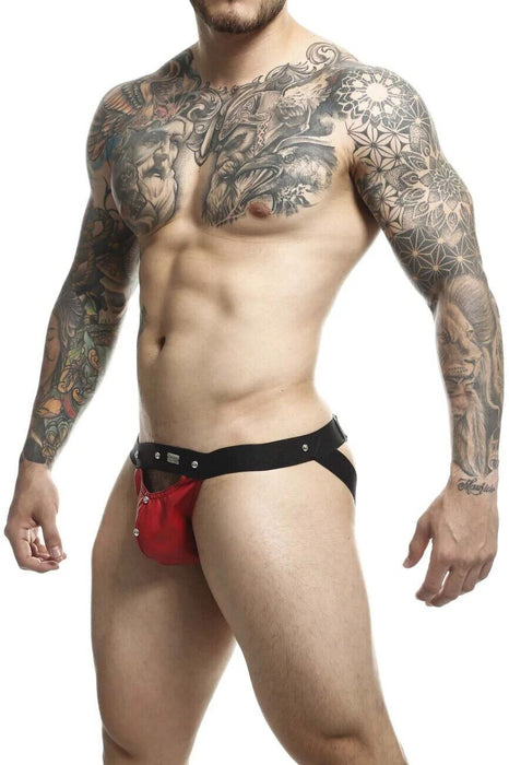 MOB DNGEON Jockstrap PeekaBoo Steel Faux - Leather Jock O/S Red DMBL04 4 - SexyMenUnderwear.com