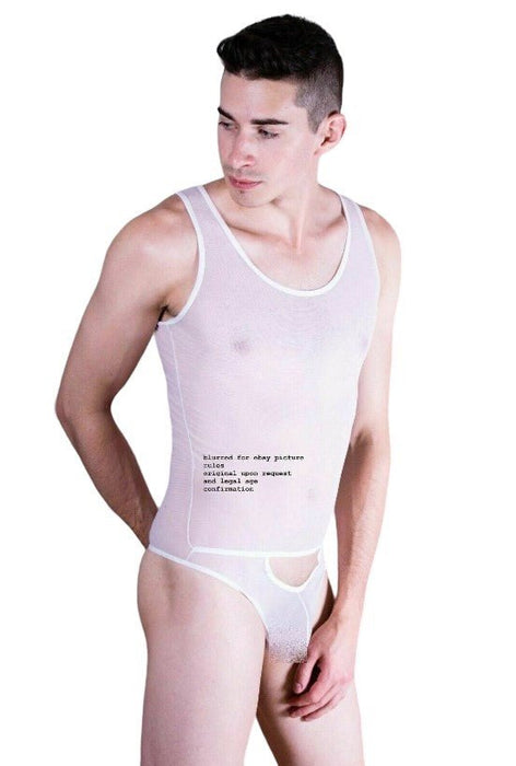 MOB Singlet Underwear Mesh Bodysuit String White MBL09 1 - SexyMenUnderwear.com