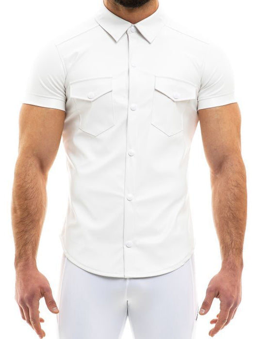 Modus Vivendi Chemise Vegan Leather Muscle Shirt Press Stud Buttons White 20541 B50B - SexyMenUnderwear.com