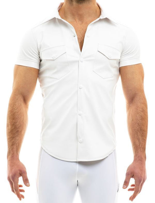 Modus Vivendi Chemise Vegan Leather Muscle Shirt Press Stud Buttons White 20541 B50B - SexyMenUnderwear.com